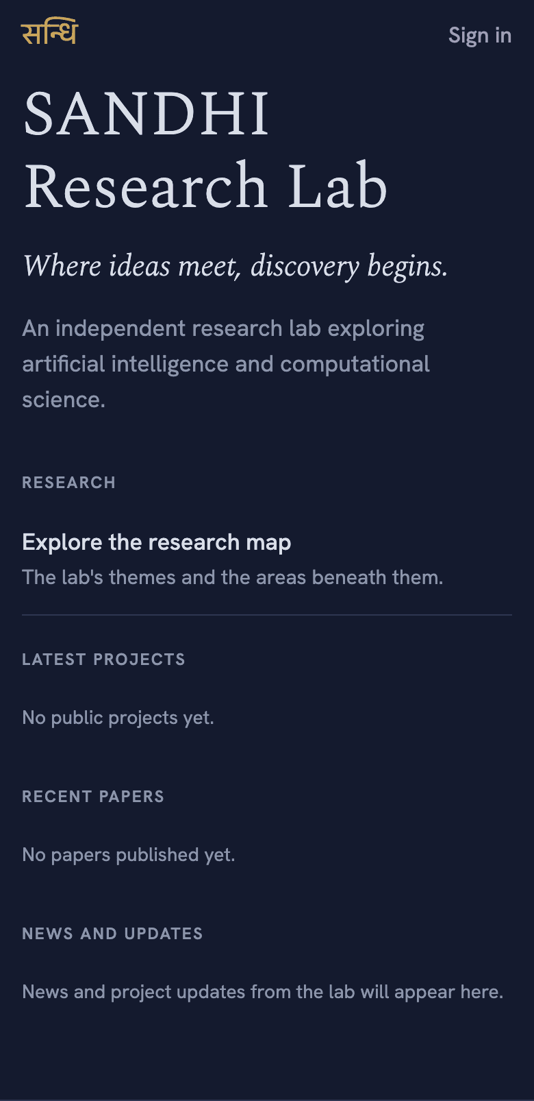 The app's home screen: SANDHI Research Lab, its tagline, and sections for research, projects, papers, and news.