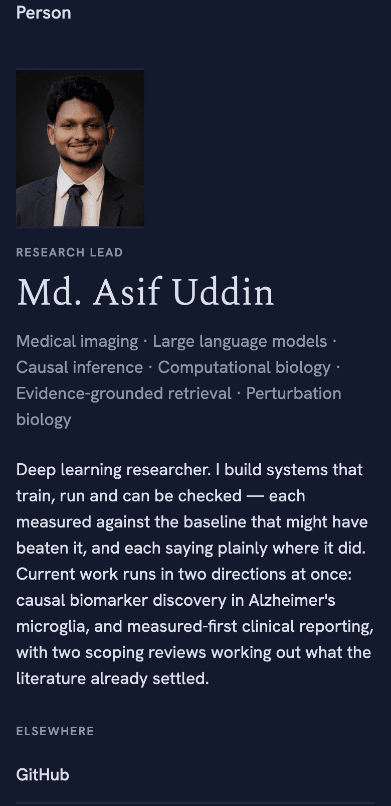 A researcher's profile in the app, with photo, role, research interests, and biography.