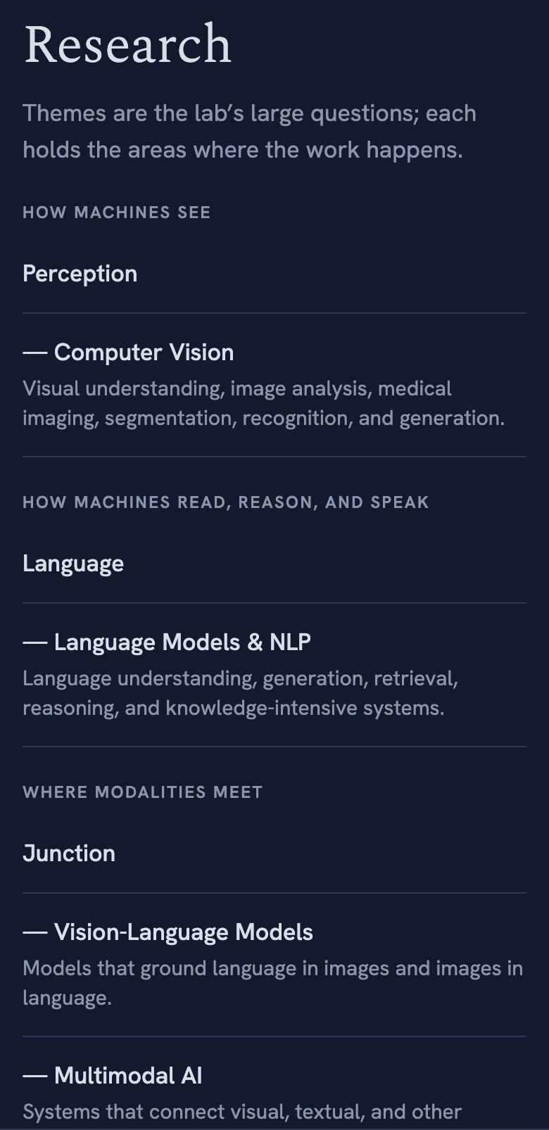 The research screen listing the lab's themes, such as Perception and Language, with their areas.